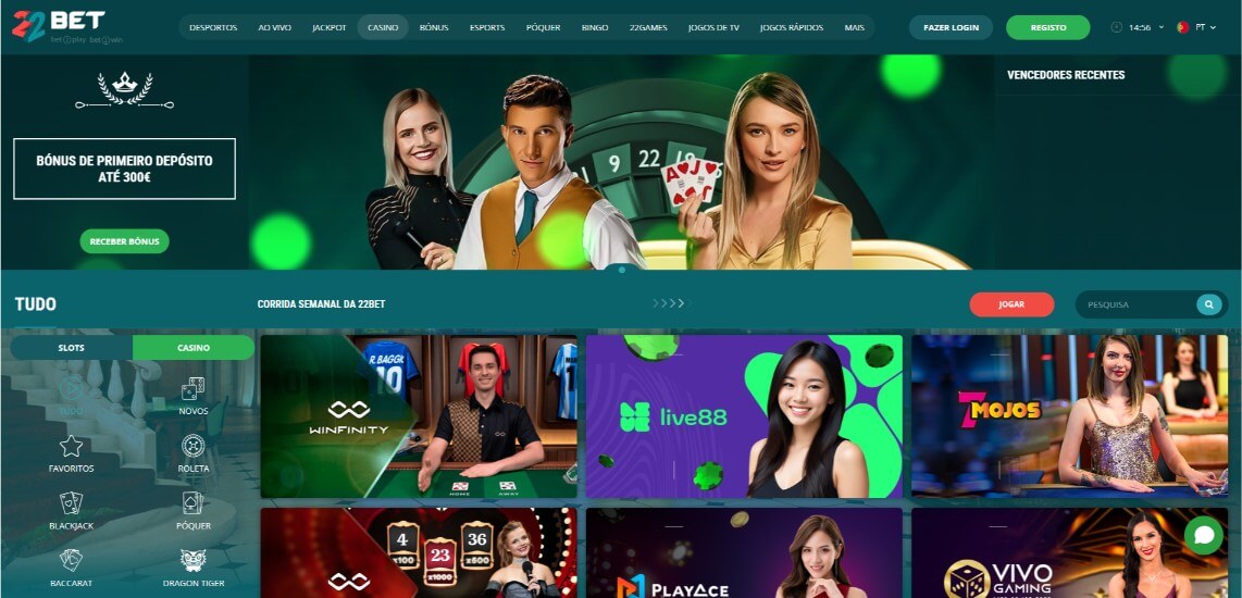 Página de casino ao vivo na 22bet