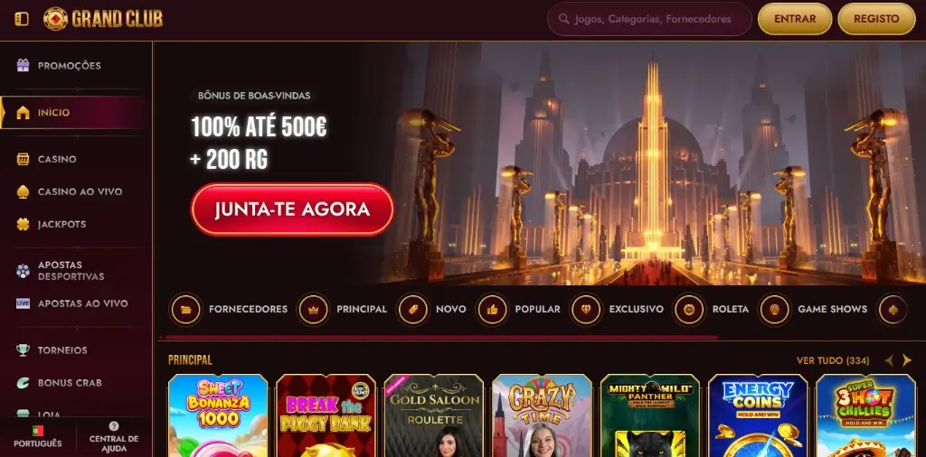 Página inicial do Grand Club Casino