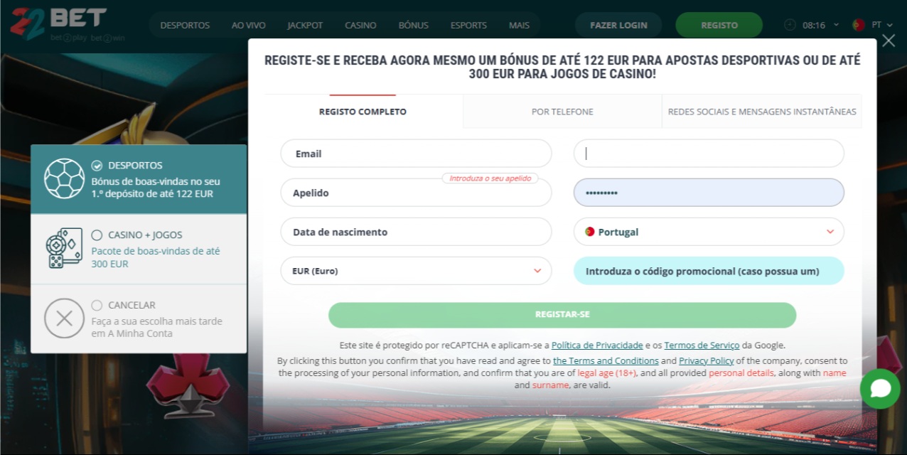 Formulário de Registo da 22bet em Portugal