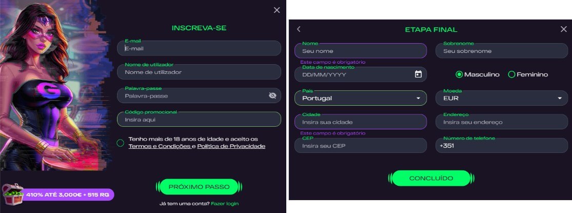 Formulário de registo da Glitch Spin Portugal