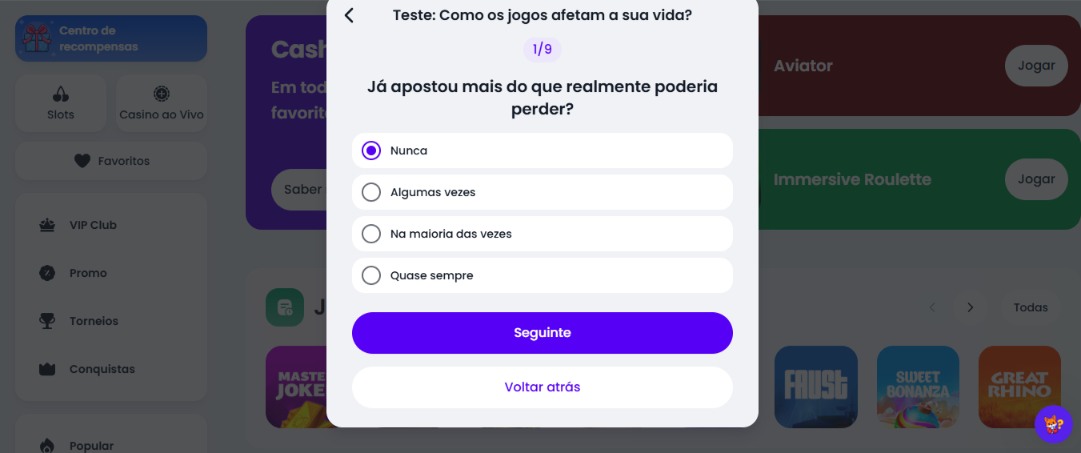 Questionário de Jogo Responsável do Slott Casino